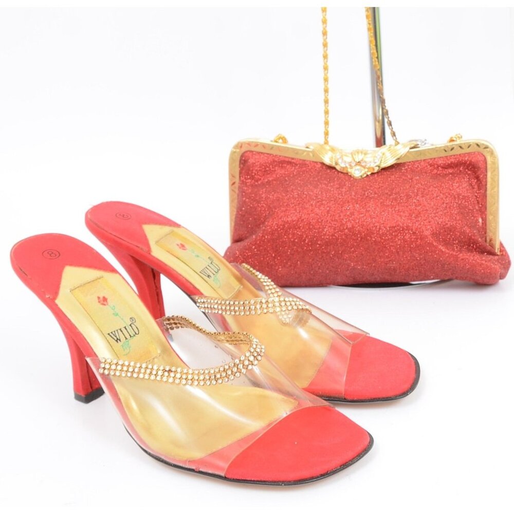 Wild Rose Red Clear Slide Sandals & Purse SET Formal Holiday Special Occasion